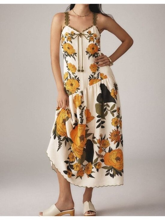 FARM Rio Dresses & Skirts - Anthropologie Farm Rio Linen V Neck Maxi Dress Floral Garden Boho Chic Womens S